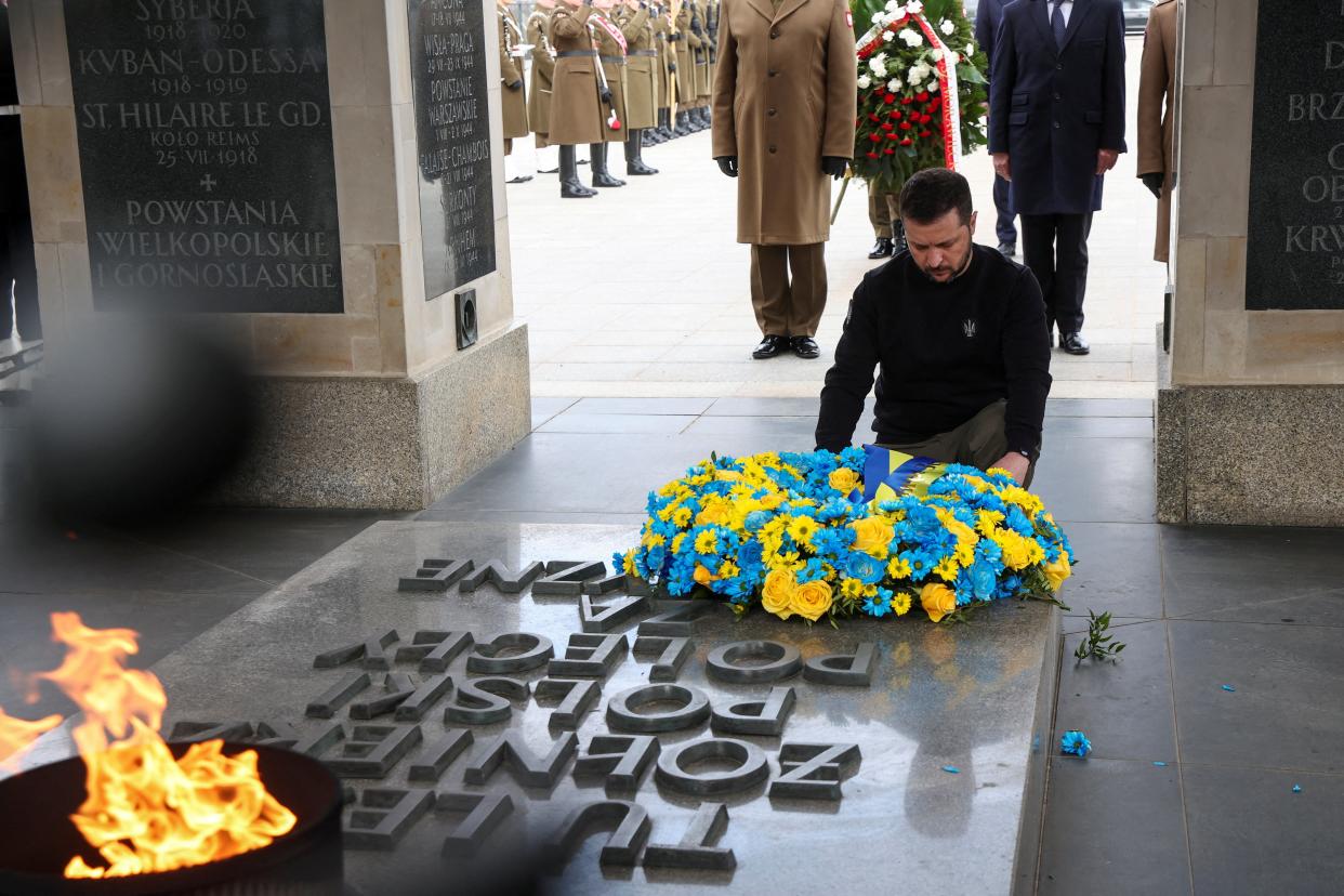 Ukraine's President Volodymyr Zelenskiy visits the Tomb of the Unknown Soldier in Warsaw, Poland (REUTERS)