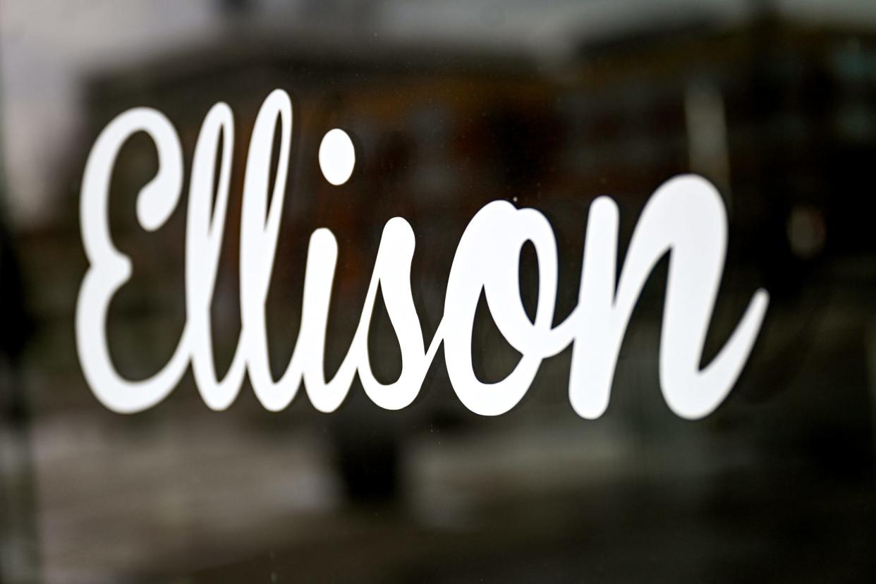 A company logo on the door at the Ellison Brewery & Spirits REO Town space on Thursday, Dec. 22, 2022, in Lansing.