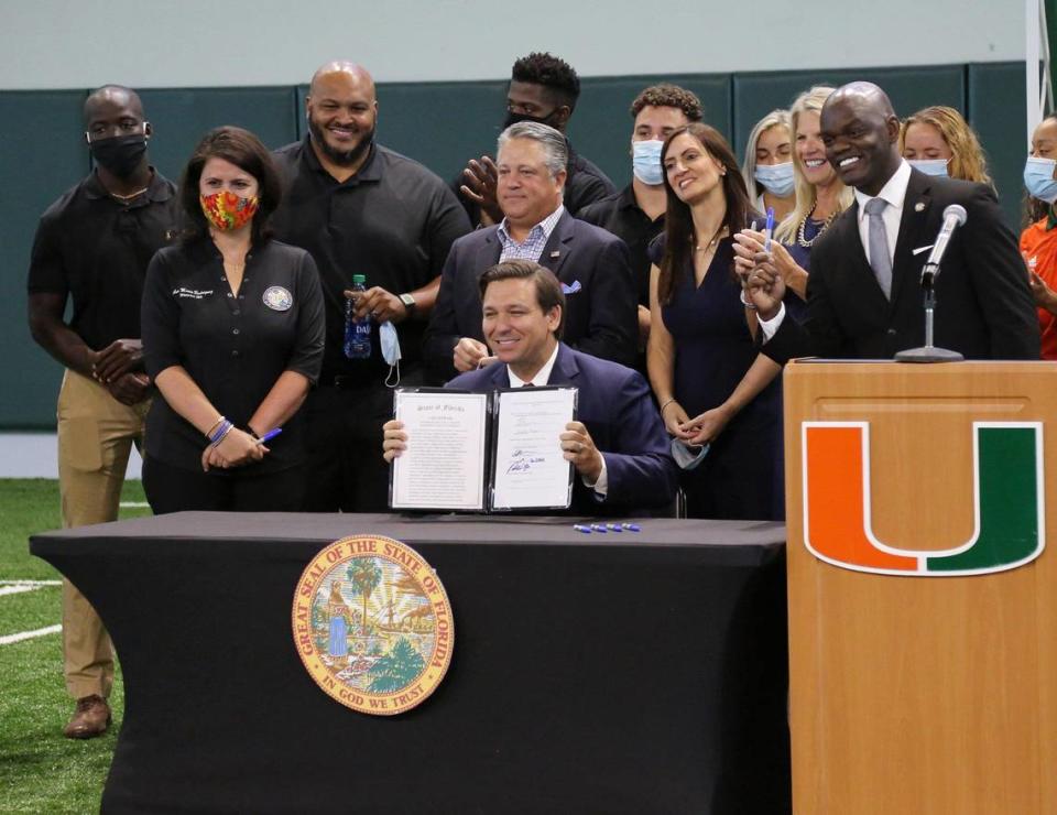 During an appearance at the University of Miami Friday, June 12, 2020, Governor Ron DeSantis signed a bill allowing college athletes to be paid for name, image and likeness. The announcement was followed by reporters questioning DeSantis about the rise in cases of covid-19 in Florida and the decision to allow Jacksonville to host the upcoming Republican National Convention with the rise of cover-19 cases.