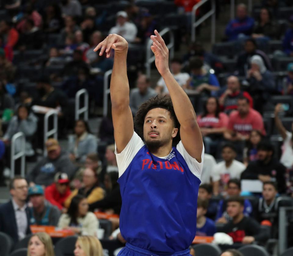 Detroit Pistons guard Cade Cunningham goes through shooting drills during open practice held for fans at Little Caesars Arena, Sunday, Oct. 15. 2023.