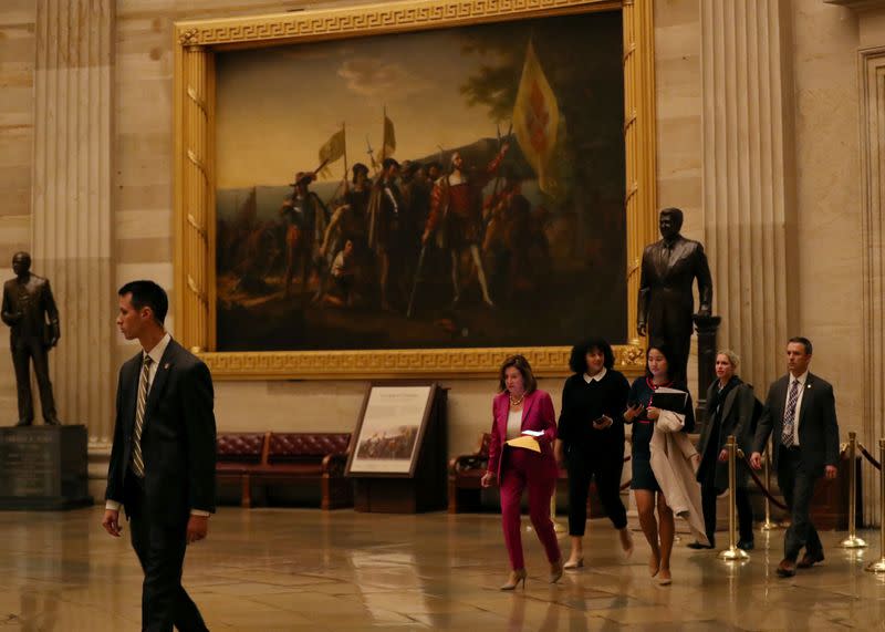U.S. House Speaker Nancy Pelosi walks to a house democratic leadership meeting on Capitol Hill