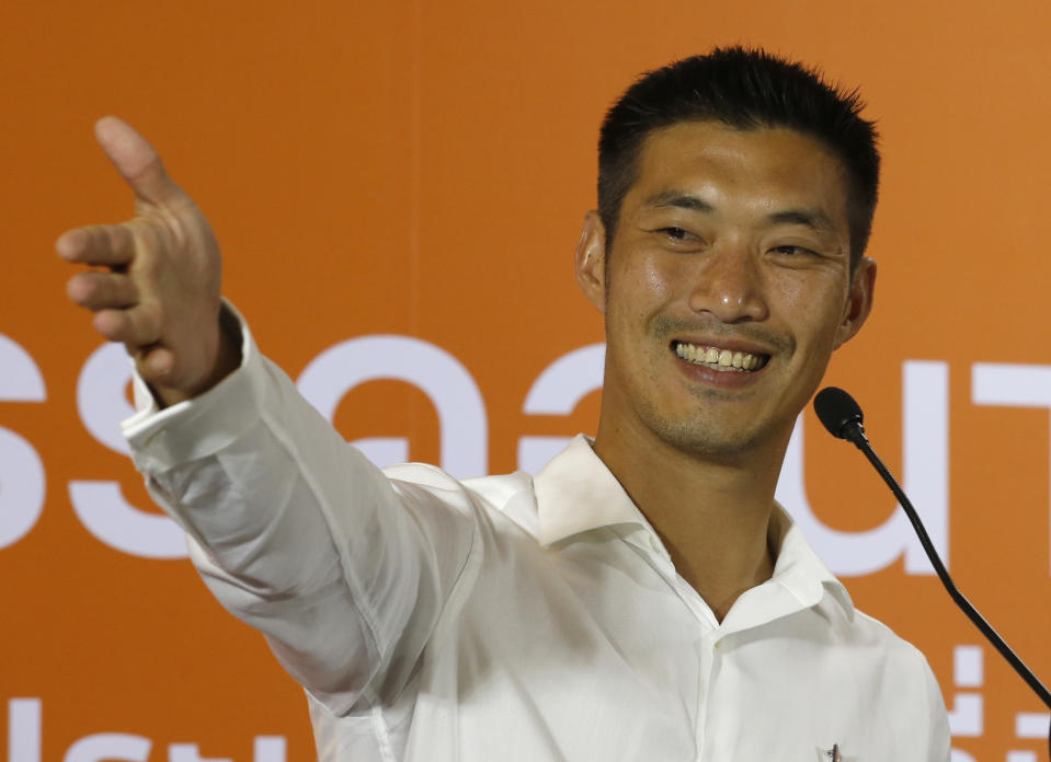 Future Forward Party leader Thanathorn Juangroongruangkit speaks during a press conference at the party headquarters in Bangkok, Thailand, Sunday, March 24, 2019. Nearly five years after a coup, Thailand voted Sunday in a long-delayed election pitting a military-backed party against the populist political force the generals overthrew. (AP Photo/Sakchai Lalit)