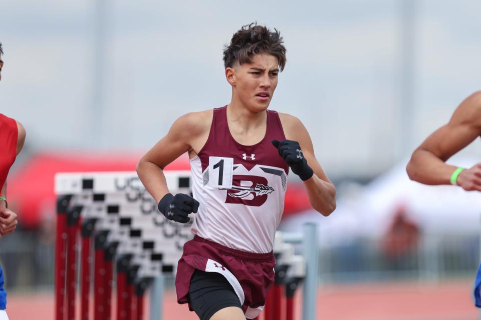 Booker’s Adrian Rosales competes in the 3200 run in the Region 1-2A Track Meet, April 28, 2023, at West Texas A&M Track and Field Complex, in Canyon, Texas.