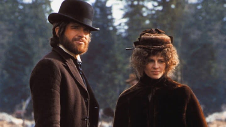 Warren Beatty and Julie Delpy as McCabe and Mrs. Miller looking ahead in the film McCabe & Mrs. Miller.