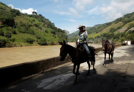 A man rides his horse along the river at the municipal coliseum after the Colombian government ordered the evacuation of residents living along the Cauca river, as construction problems at a hydroelectric dam prompted fears of massive flooding, in Valdivia, Colombia May 18, 2018. REUTERS/Fredy Builes