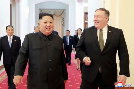 North Korean leader Kim Jong Un meets with U.S. Secretary of State Mike Pompeo in Pyongyang in this photo released by North Korea's Korean Central News Agency (KCNA) on October 7, 2018. KCNA via REUTERS