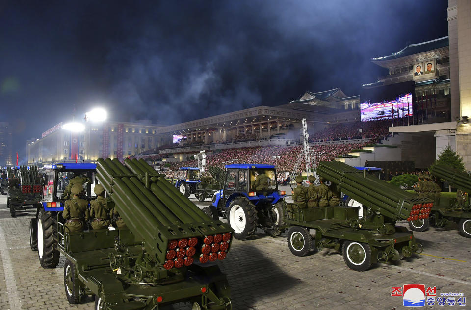 This photo provided Saturday, Sept. 9, 2023, by the North Korean government shows the paramilitary parade, marking North Korea’s 75th founding anniversary at Kim Il Sung Square in Pyongyang, North Korea, Friday, Sept. 8. Independent journalists were not given access to cover the event depicted in this image distributed by the North Korean government. The content of this image is as provided and cannot be independently verified. Korean language watermark on image as provided by source reads: "KCNA" which is the abbreviation for Korean Central News Agency. (Korean Central News Agency/Korea News Service via AP)