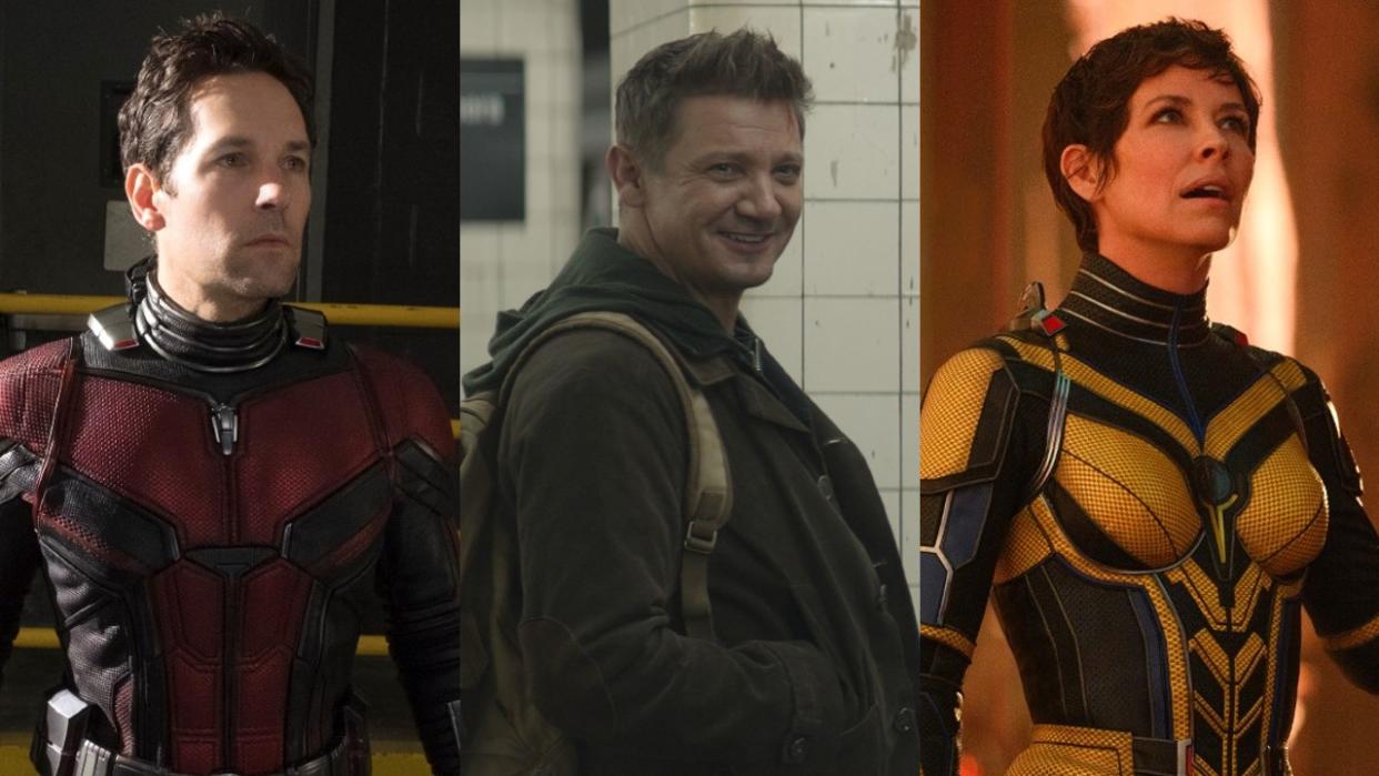  From left to right: Paul Rudd in Ant-Man and the Wasp, Jeremy Renner in Hawkeye and Evangeline Lilly in Ant-Man and the Wasp: Quantumania 