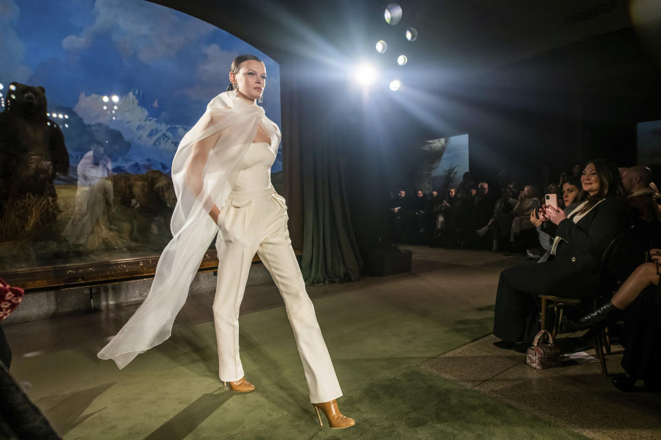 The Brandon Maxwell collection is modeled at the American Museum of Natural History during NYFW Fall/Winter on Saturday, Feb. 8, 2020 in New York. (Photo by Charles Sykes/Invision/AP)