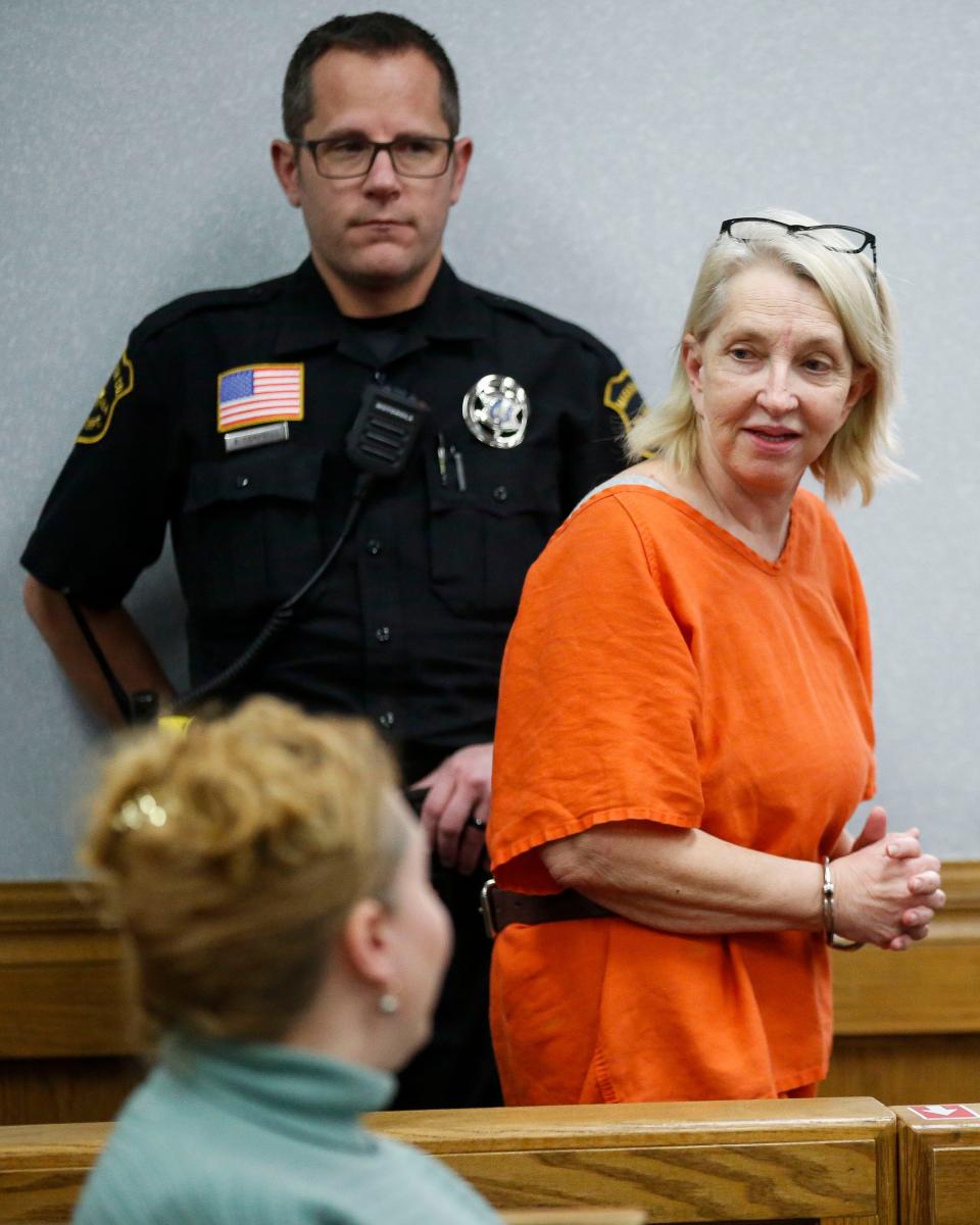 Cindy Schulz-Juedes enters the courtroom before her arraignment on Monday, Feb. 3, 2020, at the Marathon County Courthouse in Wausau, Wis. Schulz-Juedes pleaded not guilty to a charge of first-degree intentional homicide for the 2006 death of her husband, Kenneth Juedes.