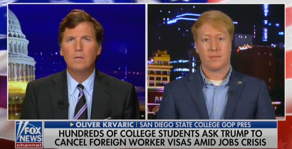 Oliver Krvaric, as president of his university's College Republicans, penned a letter to President Trump asking him to cancel all temporary worker visas for foreign nationals. The publicity led to interviews including with then-Fox host Tucker Carlson.