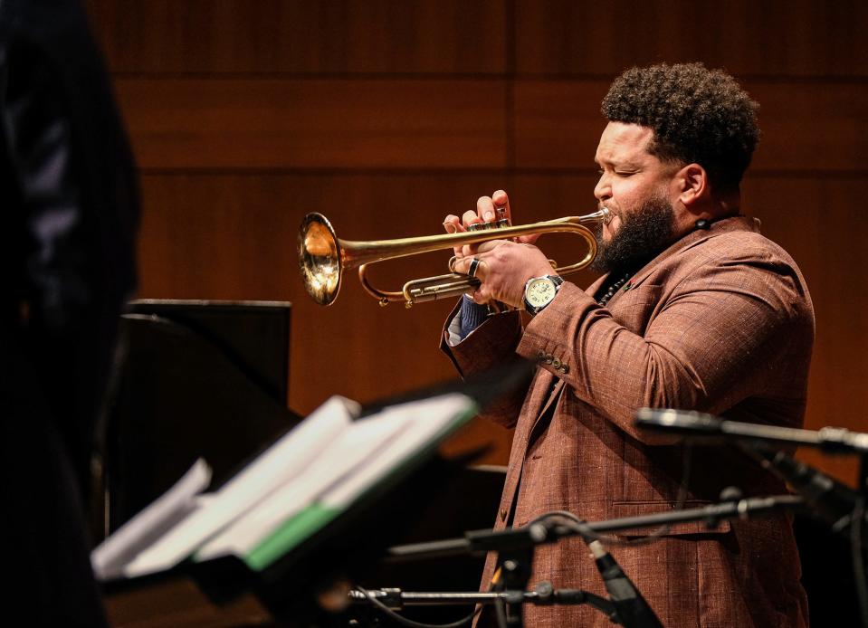 Guest artist Kris Johnson performs at the Jazz: Spirituals, Prayer and Protest concert in 2023. The 2024 concert on Sunday will feature Gayelynn McKinney, Naima Shamborguer, Ashton Moore, Rockelle Whitaker and MSU’s African Diaspora Percussion Ensemble.