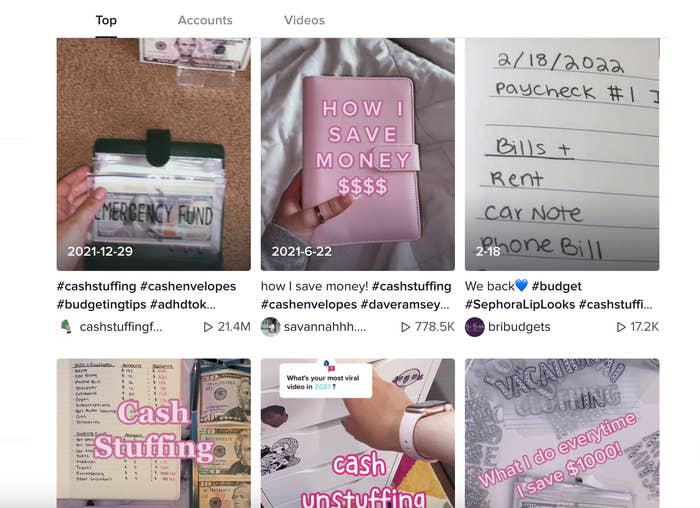 A screen showing different thumbnails of cash-stuffing videos on TikTok