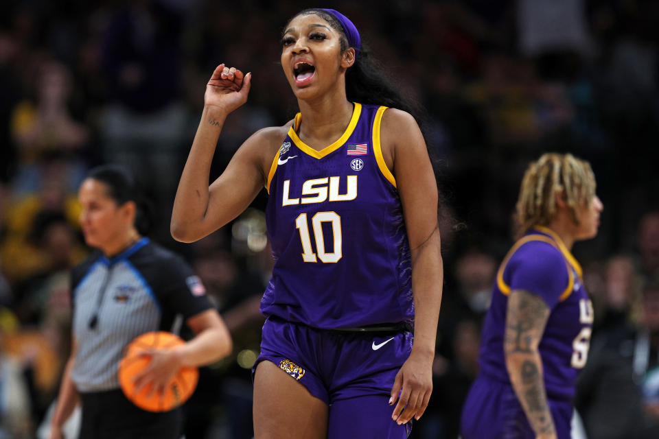 LSU's Angel Reese (10) doesn't seem to be a fan of the idea of inviting an Iowa team she just defeated to the White House. (Photo by Tom Pennington/Getty Images)