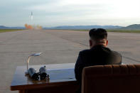 <p>SEPT. 16, 2017 – North Korean leader Kim Jong Un watches the launch of a Hwasong-12 missile in this undated photo released by North Korea’s Korean Central News Agency (KCNA) on September 16, 2017. (Photo: KCNA via Reuters) </p>