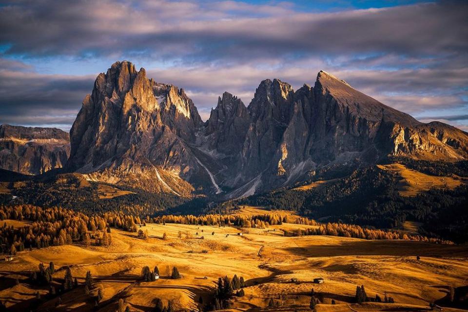 The Dolomites\u2019 typical pink glow has added autumn colors