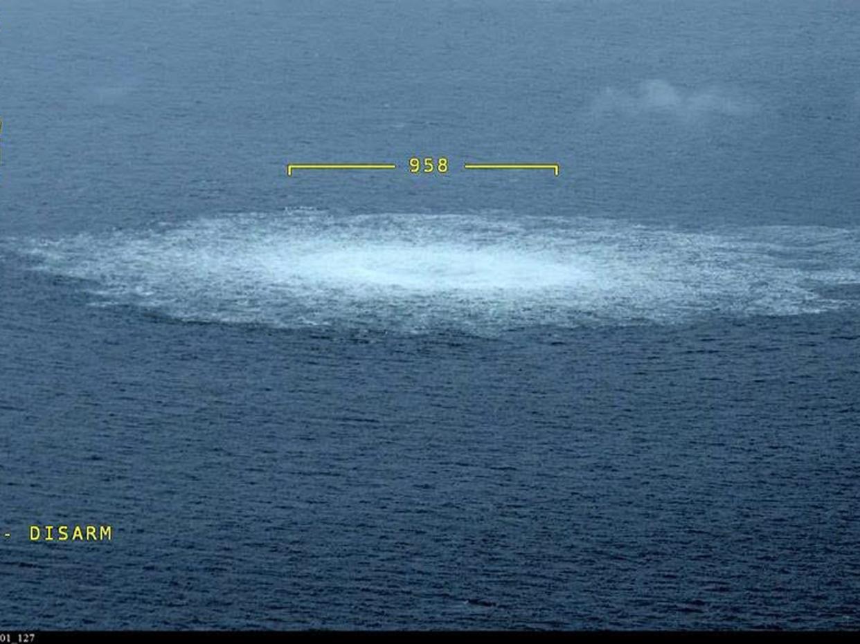 In this Handout Photo provided by Swedish Coast Guard, the release of gas emanating from a leak on the Nord Stream 2 gas pipeline in the Baltic Sea on September 27, 2022 in At Sea