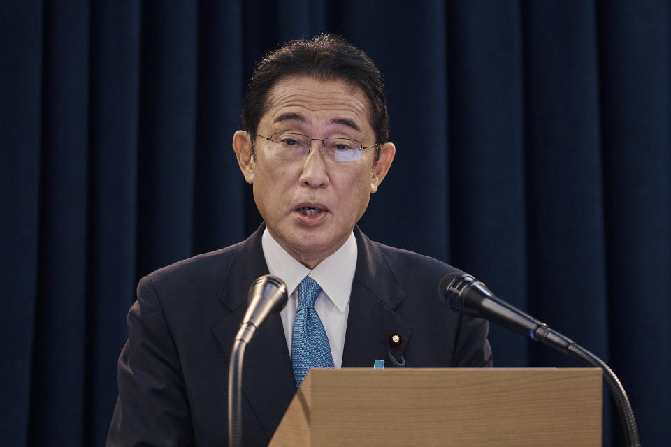 Prime Minister of Japan Fumio Kishida speaks during a press conference on Thursday, Sept. 22, 2022 in New York. (AP Photo/Andres Kudacki)