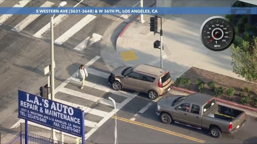 The driver of the suspected stolen vehicle drove erratically through South Los Angeles, nearly causing several collisions on April 19, 2024. (KTLA)