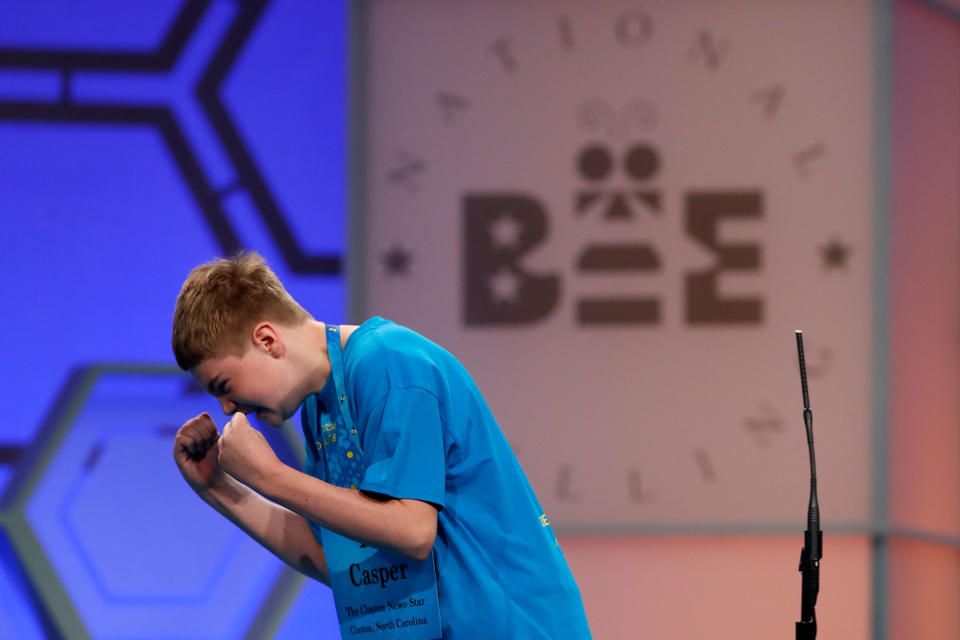 <p>Casper Smith, 13, from Clayton, N.C., celebrates after correctly spelling his word during the 90th Scripps National Spelling Bee in Oxon Hill, Md., Wednesday, May 31, 2017. (AP Photo/Jacquelyn Martin) </p>