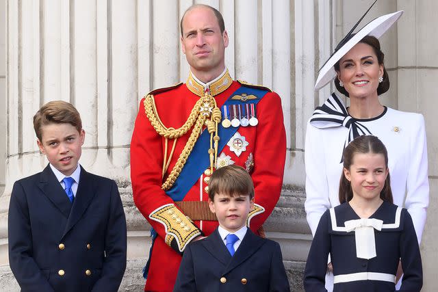 <p>Karwai Tang/WireImage</p> From left: Prince George, Prince William, Prince Louis, Kate Middleton and Princess Charlotte at Trooping the Colour on June 15, 2024