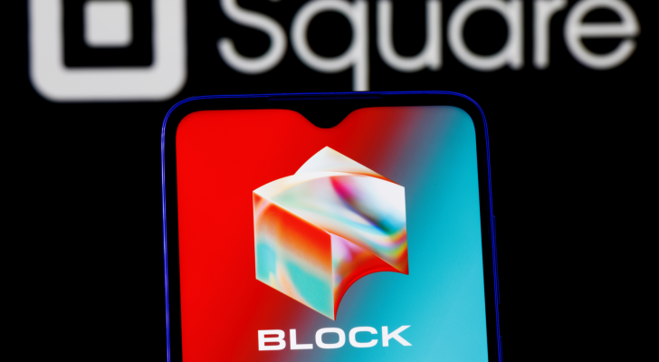 The logo for Block (SQ) is shown on a phone screen with the company's old name and logo, Square, visible behind the phone.