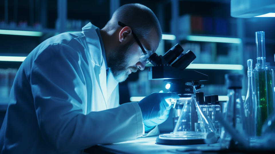 A laboratory technician carefully studying a microscope with a biopharmaceutical product inside.