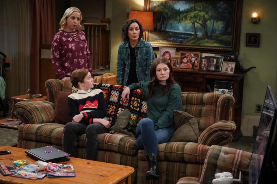 Lecy Goranson (from left), Ames McNamara, Sara Gilbert and Emma Kenney in a scene from “The Conners.” ABC