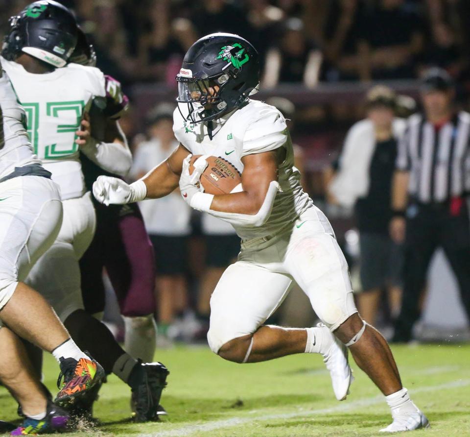 Choctaw RB Cole Tabb looks for yardage against the Eagles defense during the Choctaw-Niceville football game played at Niceville.
