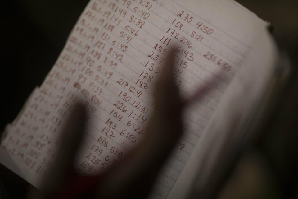 This Feb. 4, 2019 photo shows a notebook with the recorded blood sugar levels of Aminta Villamizar, who has already lost her right leg and two toes on her left one because she can’t find enough insulin to stave off diabetes, in Caracas, Venezuela. Although her levels are above normal, for now she resists the offer of a shot, preferring to safeguard her scarce supplies. (AP Photo/Rodrigo Abd)