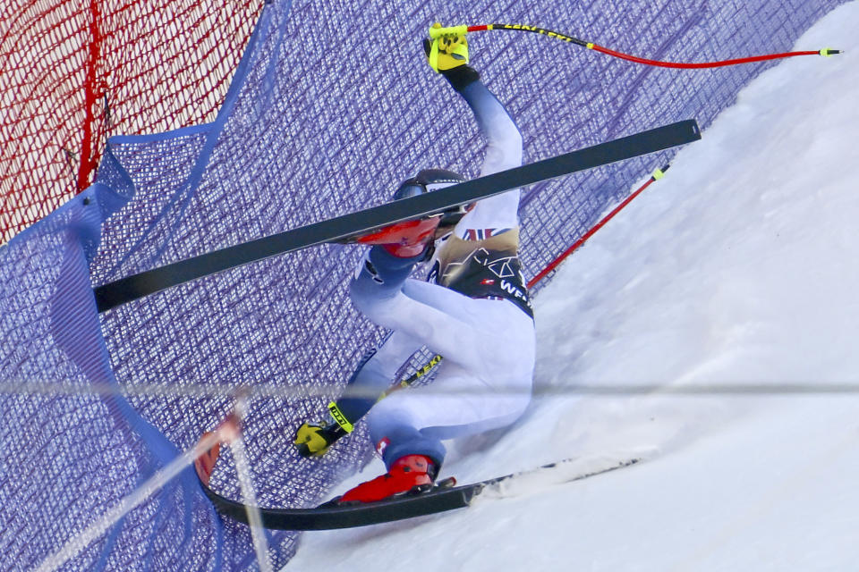 Norway's Aleksander Aamodt Kilde falls during an alpine ski, men's World Cup downhill race, in Wengen, Switzerland, Saturday, Jan. 13, 2024. (Peter Schneider/Keystone via AP)