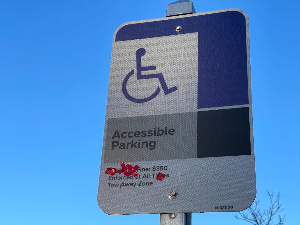 Ohio State fans have crossed out almost every letter "m" in the area, including on accessible parking signs, on store signage and on emergency blue light boxes -- which include the word "medical.' Restaurants like Panera Bread put an "X" over the 'm' in Michigan on its marquee sign.