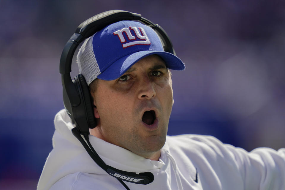 New York Giants head coach Joe Judge reacts on the sidelines during the first half of an NFL football game against the Atlanta Falcons, Sunday, Sept. 26, 2021, in East Rutherford, N.J. (AP Photo/Seth Wenig)