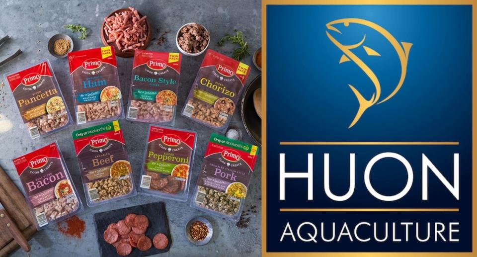 Primo meat products alongside Huon Aquaculture logo
