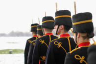 LONDON, ENGLAND - FEBRUARY 06: Members of the King's Troop Royal Horse Artillery prepare to fire a 41 gun salute in Hyde Park to mark the 60 anniversary of the accession of Her Majesty Queen Elizabeth II on February 6, 2012 in London, England. The 41 gun salute also signifies the official start to the celebrations for the Queen's Diamond Jubilee and comes after the King's Troop left their barracks in St John's Wood for the final time. The King's Troop Royal Horse Artillery will relocate from their North London barracks, where they have been based since their formation by King George VI in 1947, to a purpose-built equestrian site in Woolwich. (Photo by Oli Scarff/Getty Images)