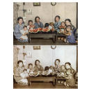 This photo combination shows digital colorzation, top, by Anju Niwata and Hidenori Watanave, and original photo that Hiroshima resident Hisashi Takahashi, covering his face with watermelon, his family and relatives, pose for a photograph eating watermelon. The photo was taken around 1935. Niwata and Watanave call the process “rebooting memories,” whereby colorized photographs revives memories that may otherwise be lost. (Hisashi Takahashi/Anju Niwata & Hidenori Watanave via AP)