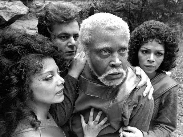 American actor James Earl Jones in the titular role of Joseph Papp's New York Shakespeare Festival production of 'King Lear' in Central Park, New York, New York, July 1973. With Paul Sorvino, Rosalind Cash, and Ellen Holly. (Photo by Jack Mitchell/Getty Images)