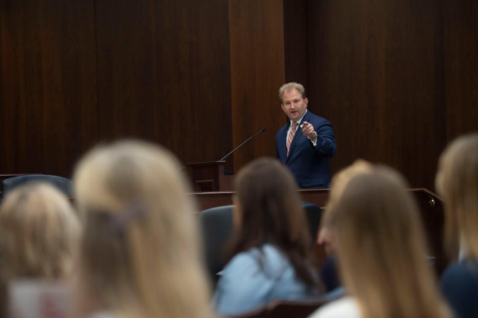 Rep. William Lamberth R-Portland, points to the Covenant during a House committee meeting at Cordell Hull State Office Building on Thursday, Aug. 24, 2023, in Nashville, Tenn.