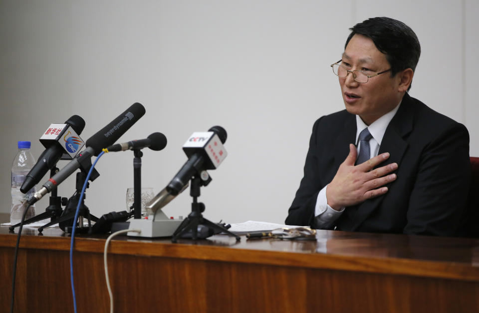 Kim Jung Wook, a South Korean Baptist missionary, speaks during a news conference in Pyongyang, North Korea, Thursday, Feb. 27, 2014. Kim who was arrested more than four months ago for allegedly trying to establish underground Christian churches in North Korea told reporters Thursday he is sorry for his ``anti-state’’ crimes and appealed to North Korean authorities to show him mercy by releasing him from their custody. (AP Photo/Vincent Yu)