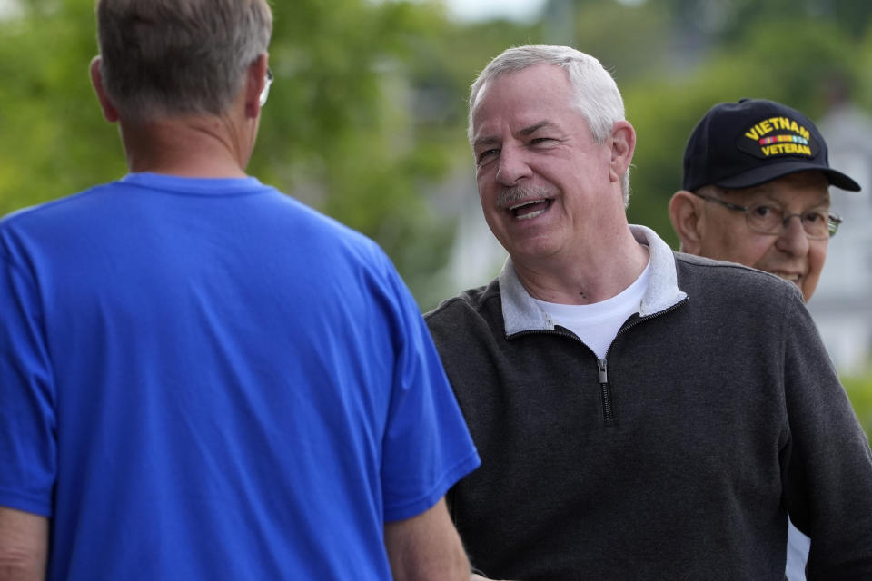 State Rep. Mike Soboleski, R-Phillips talks with a voter, Tuesday, June 11, 2024, in Bangor, Maine. Soboleski is facing in State Rep. Austin Theriault, R-Fort Kent, in the Republican primary for the chance to try to unseat Jared Golden, one of the most conservative Democrats in the U.S. House of Representatives. (AP Photo/Robert F. Bukaty)