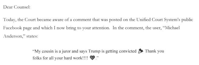 juan merchan trump juror comment letter