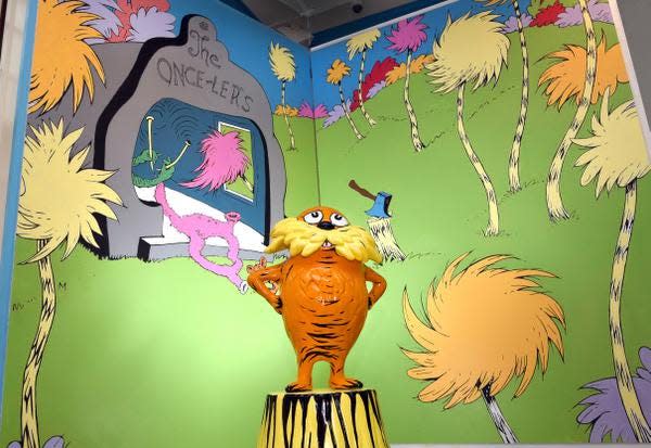 A sculpture of the Lorax is displayed at the Amazing World of Dr. Seuss Museum in Springfield, Massachusetts, the home town of Dr. Seuss - whose real name is Theodor Seuss Geisel. The just-opened museum features activities for kids and a chance to see the author's studio, frozen in time. MUST CREDIT: Springfield Museums