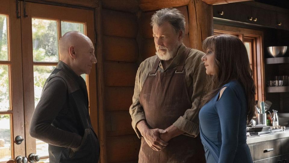 Jean Luc meets Will Riker and Deanna Troi on the planet Nepenthe in season one of Star Trek: Picard.