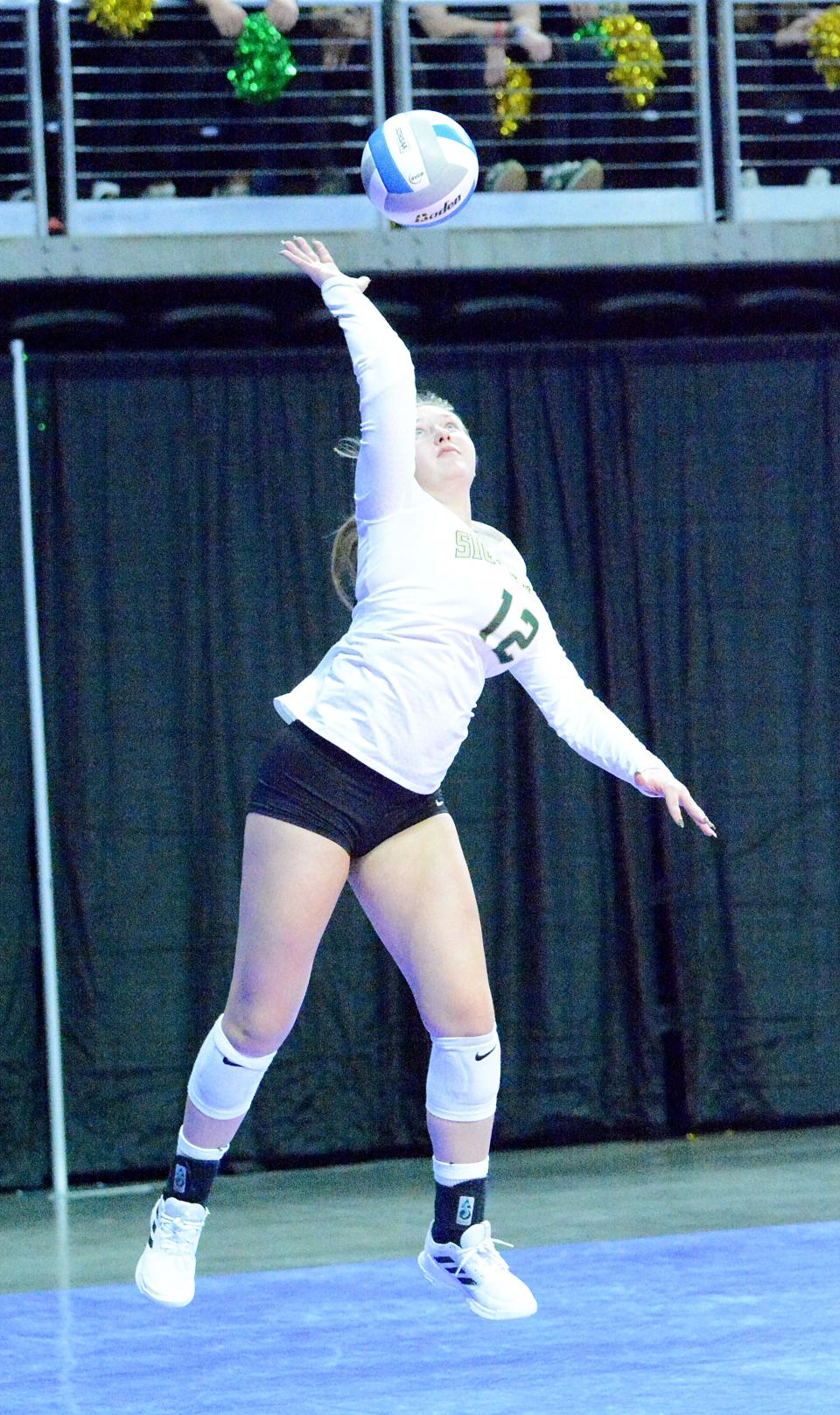 Sioux Falls Jefferson's Ella Kvernmo serves the ball during a first-round Class AA match against Pierre in the state high school volleyball tournament on Thursday, Nov. 17, 2022 in the Denny Sanford PREMIER Center.