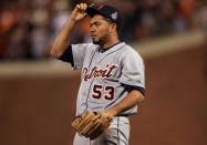 SAN FRANCISCO, CA - OCTOBER 24: Joaquin Benoit #53 of the Detroit Tigers reacts against the San Francisco Giants during Game One of the Major League Baseball World Series at AT&T Park on October 24, 2012 in San Francisco, California. (Photo by Doug Pensinger/Getty Images)