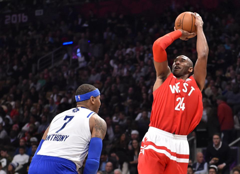 Feb 14, 2016; Toronto, Ontario, CAN; Western Conference forward Kobe Bryant of the Los Angeles Lakers (24) shoots over Eastern Conference player Carmelo Anthony (7) in the first half of the NBA All Star Game at Air Canada Centre. Mandatory Credit: Bob Donnan-USA TODAY Sports      TPX IMAGES OF THE DAY