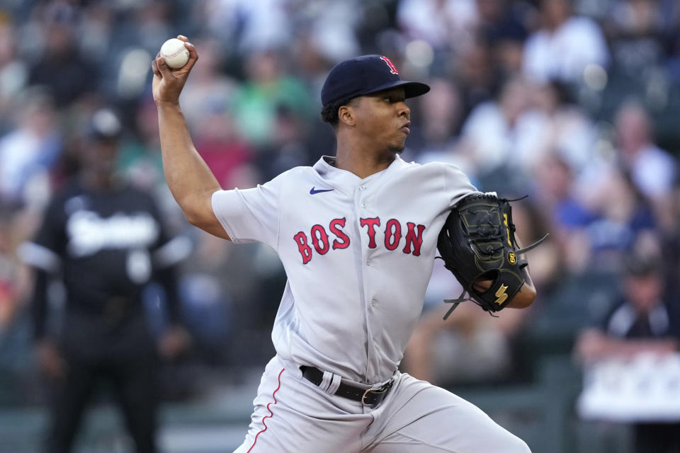 Boston Red Sox starting pitcher Brayan Bello delivers during the first inning of the team's baseball game against the Chicago White Sox on Friday, June 23, 2023, in Chicago. (AP Photo/Charles Rex Arbogast)