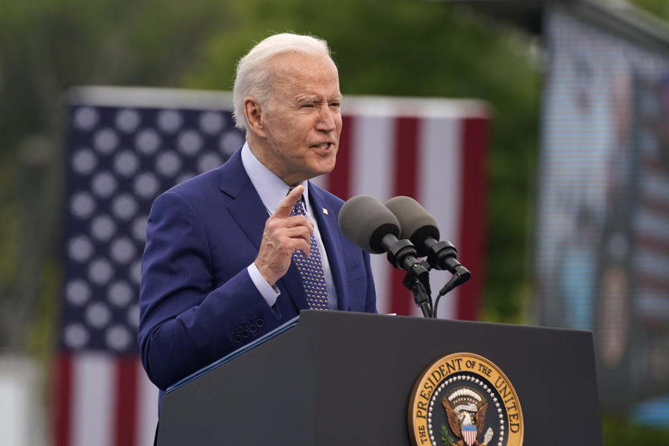FILE - President Joe Biden speaks during a rally at Infinite Energy Center, to mark his 100th day in office, Thursday, April 29, 2021, in Duluth, Ga. On Friday, April 30, The Associated Press reported on stories circulating online incorrectly claiming Biden’s plan to combat climate change will require Americans to limit their meat consumption by 90%, to just 4 pounds of red meat annually or one hamburger per month. (AP Photo/Evan Vucci, File)