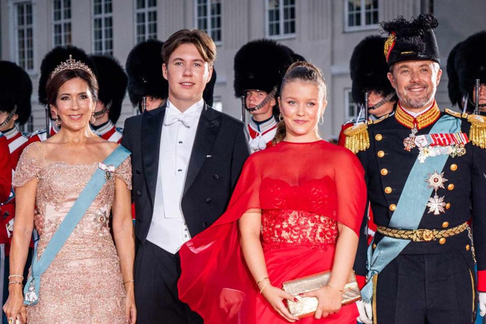 <p>IDA MARIE ODGAARD/Ritzau Scanpix/AFP via Getty</p> Crown Prince Frederik and Crown Princess Mary of Denmark with Prince Christian and Princess Isabella of Denmark arrive at the Danish Royal Theatre in Copenhagen to attend the 50th anniversary of Queen Margrethe