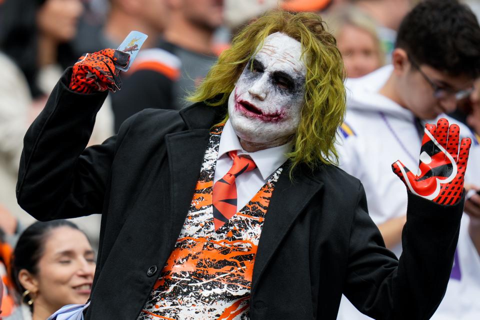 Fans cheer in the stands during the first quarter of the NFL Week 6 game between the Cincinnati Bengals and the Seattle Seahawks at Paycor Stadium in downtown Cincinnati on Sunday, Oct. 15, 2023.